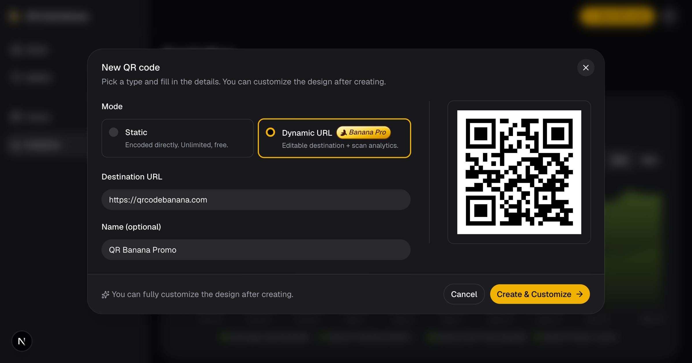 The New QR code dialog with a mode toggle between Static and Dynamic URL, the Dynamic URL option marked Banana Pro.