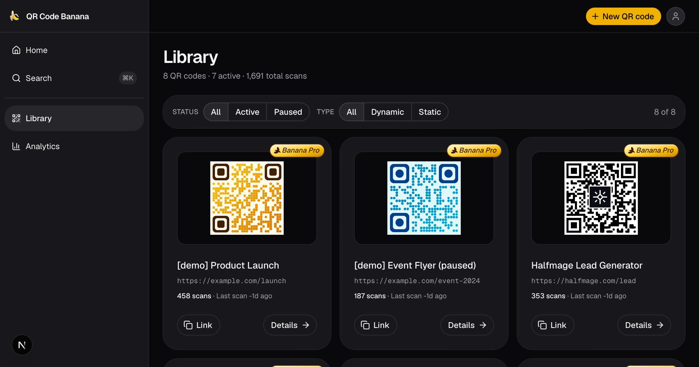 The QR Code Banana Library page showing saved QR codes as cards with scan counts and status filters.